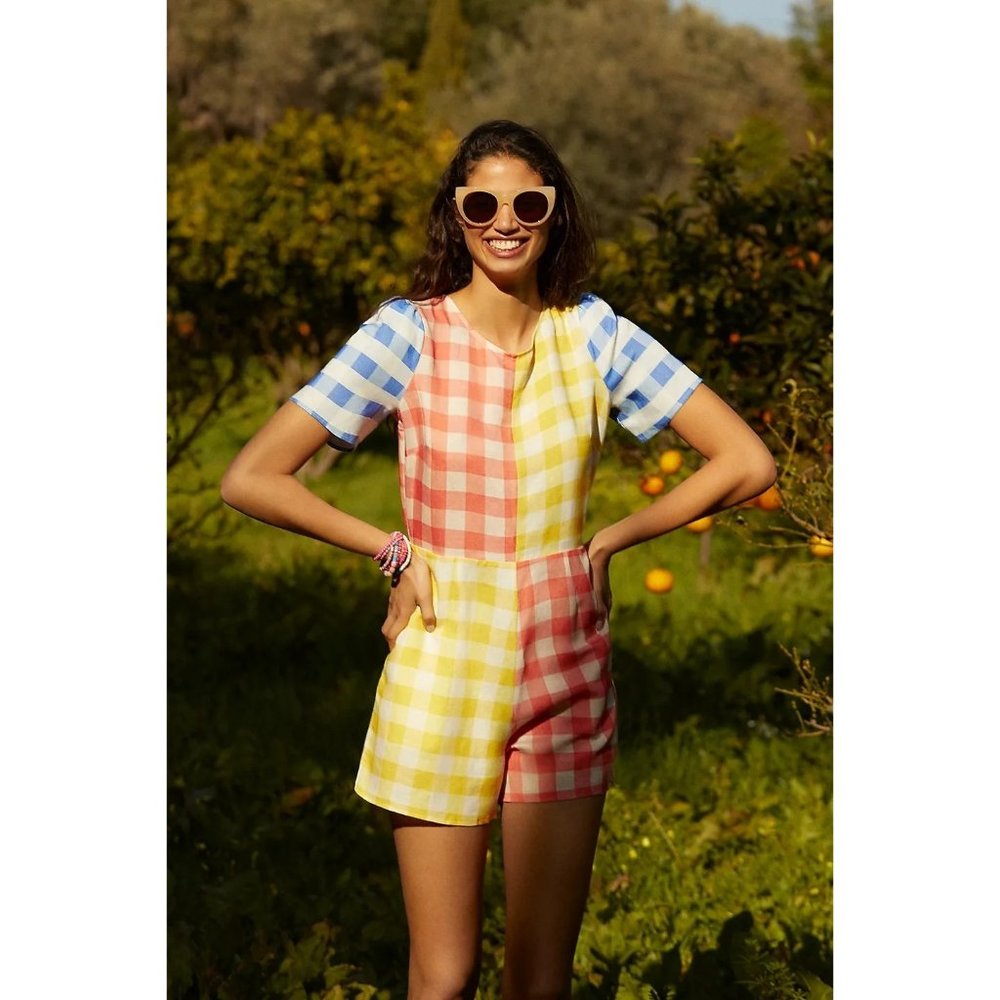 Anthropologie Farm Rio Gingham Contrast Romper red, yellow, blue, white, size M